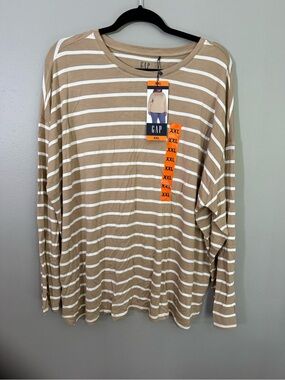 GAP Tan and White Striped Long Sleeve Tee - Relaxed Fit